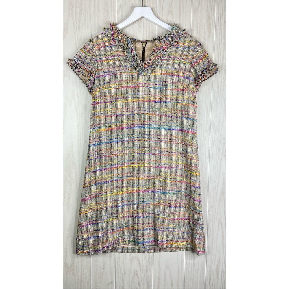 Sara Campbell Womens Multicolor Fringe Short Sleeve Tweed Shift Dress Size 8